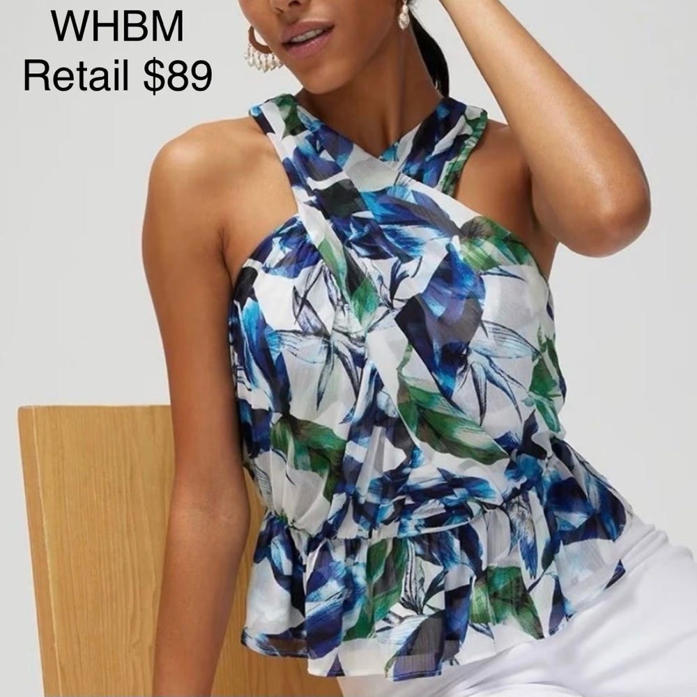 New - WHBM - Women’s Blue Printed Peplum Halter Top